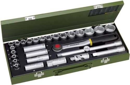 Proxxon 23000 Steckschlüsselsatz Nusskasten mit 12,5mm (1/2') Ratsche 29teiliges Werkzeug-Set mit Stahlkasten