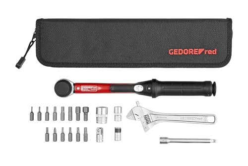 GEDORE red Fahrrad Werkzeugset Drehmoment, 21-teilig, Drehmomentschlüssel 1/4“ 5-25 Nm, Kardanverlängerung, Antriebsadapter, Bits, Rollgabelschlüssel, Reparaturset mit Tasche, R21702021