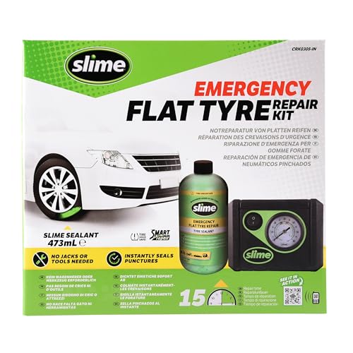 Slime CRK0305-IN Flache Reifenreparatur, Smarte, Autoreifen-Notfallausrüstung, enthält Dichtmittel und Reifenkompressor, Geeignet für Autos und andere Autobahn-Fahrzeuge, 15 Min Reparatur